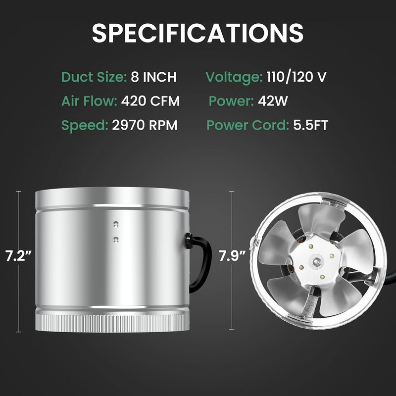 I-Power 8 Inch Inline Booster Duct Fan 420 CFM HVAC Exhaust Ventilation Blower with Low Noise for Grow Tent, Basements, Bathrooms, Kitchens and Attics, 2 Packs, Silver - Image 5